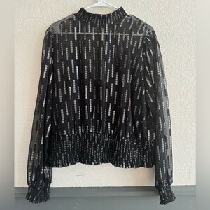 Express Black Sheer Metallic Stripe Smocked Blouse Size Large Long Sleeve Top